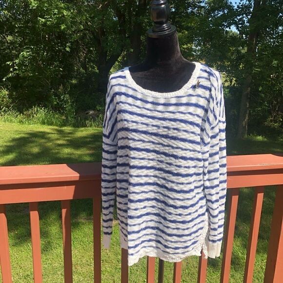 Wrangler Ladies  Knit Pullover Scoop Neck Sweater Navy White Stripes sz Large - Picture 1 of 13